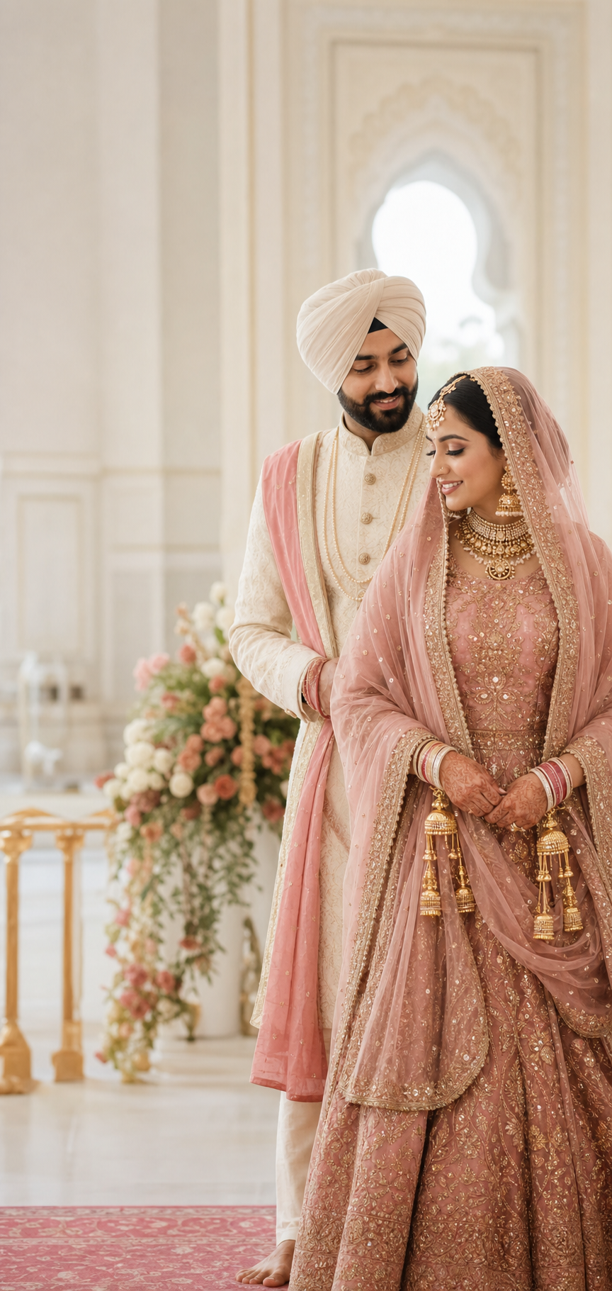 A Sikh couple in traditional wedding attire after their Anand Karaj ceremony
